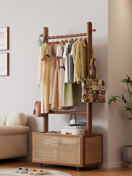 Solid Wood Coat Rack for Home Use, Movable Clothes Rack with Rattan Basket, Bedroom Floor-Standing Clothes Hanger, Integrated Laundry Basket Storage Rack