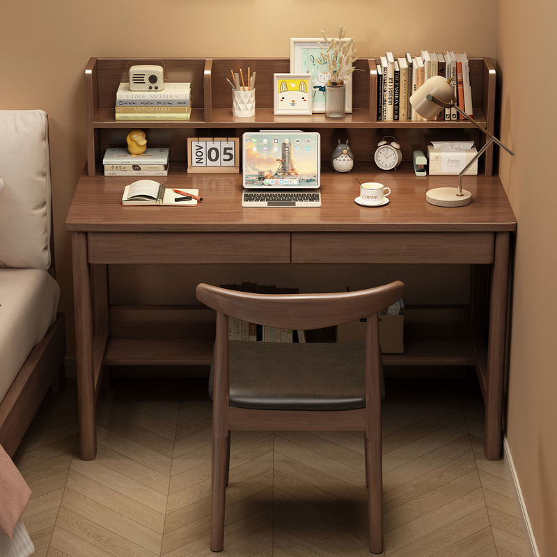 Solid Wood Desk for Students, Home Use with Integrated Bookshelf, Writing Desk, Simple Computer Desk for Study Room, Bedroom Bedside Study Desk