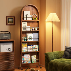 Solid Wood Full-Length Mirror, Movable, Mid-Century Style, Home-Use Magazine and Bookshelf, Integrated Storage, Floor-Standing Rotating Dressing Mirror