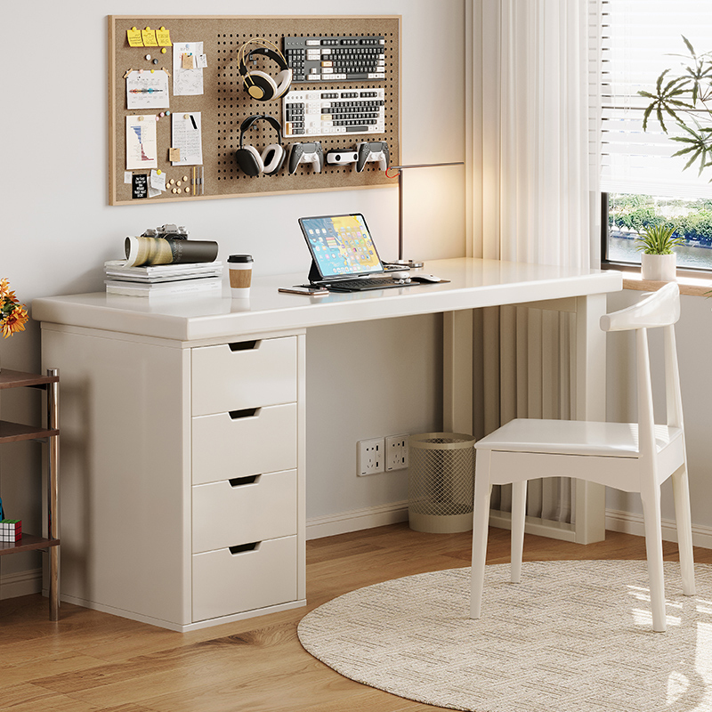 Solid Wood Double Long Desk and Bookcase Combination Computer Desk for Home Use, Two-Person Side-By-Side Work Desk, Bedroom Wall-Mounted Study Desk