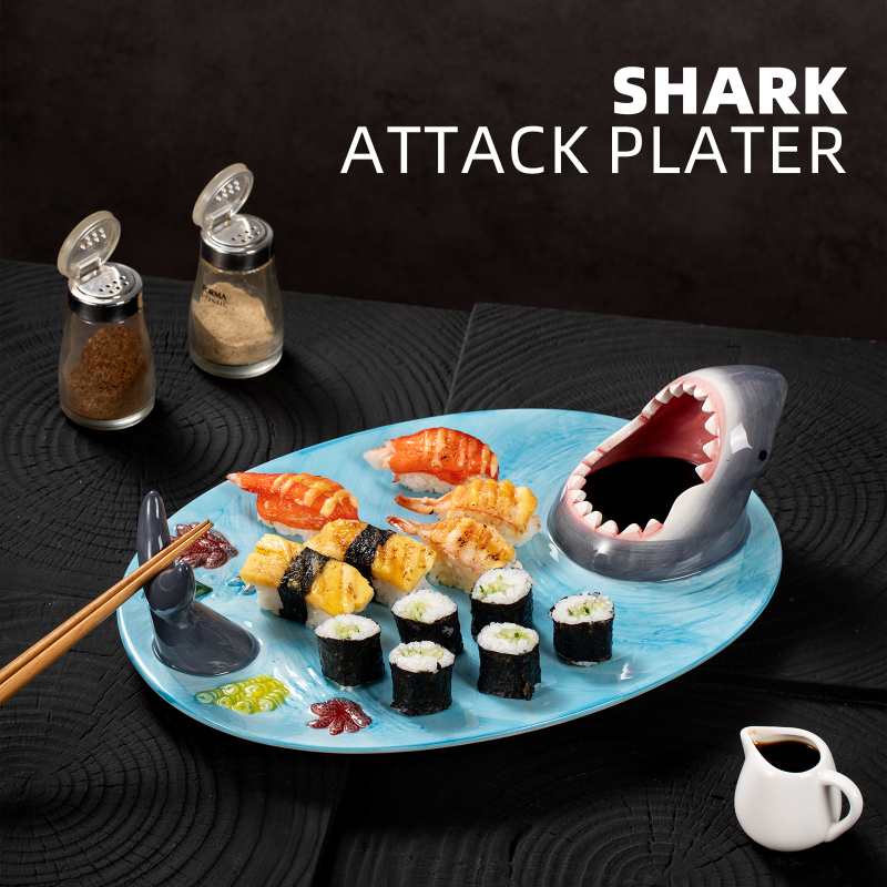 New Creative Shark-Shaped Ceramic Plate for Japanese-Style Dumplings, Sushi, Fries, with Dipping Sauce and Vinegar Dish for Home Use