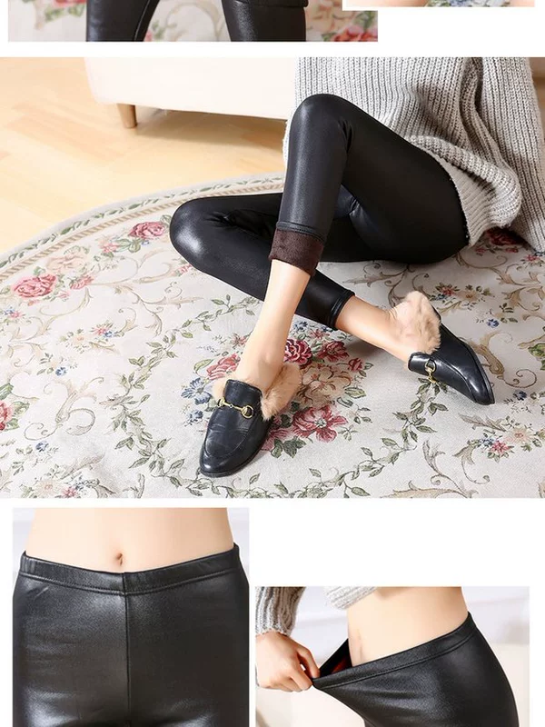 Cộng với quần legging giả da nhung dày mặc quần dài là quần lửng đen ống quần da co giãn cỡ lớn quần thu đông - Khởi động cắt