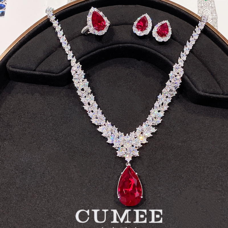 Elegant Evening Wear, Water Drop Style, Large Carat Full Diamond Synthetic Ruby Set for Mother-In-Law. Silver Gold-Plated