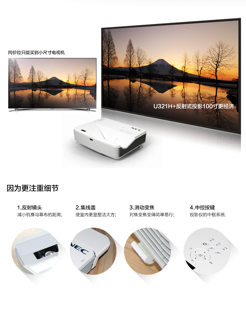 NEC U321H + TV siêu ngắn tiêu cự TV siêu chiếu Máy chiếu phản chiếu 1080P máy chiếu 3D không màn hình TV - Máy chiếu