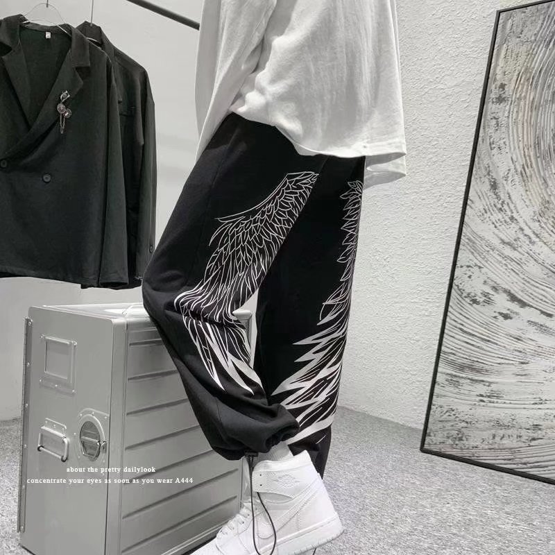 Autumn and Winter Drawstring Wing Print Jogger Pants for Men, Chinese Style, Hong Kong Style, Trendy Hip-Hop, Plus Size, Casual Pants for Big and Tall People Autumn and Winter Drawstring Wing Print Jogger Pants for Men, Chinese Style, Hong Kong Style, Trendy Hip-Hop, Plus Size, Casual Pants for Big and Tall People
