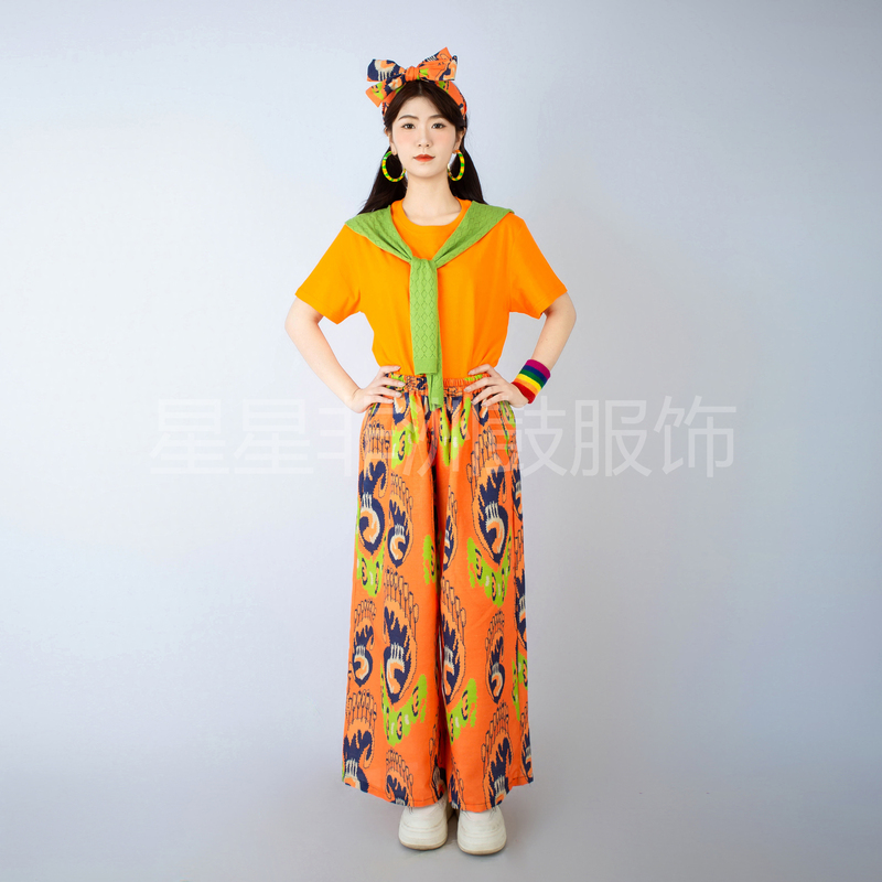 African Drum Performance Outfit, Orange Drumming Set, Retro Wide-Leg Pants, Stylish and Unique Performance Attire with a High-End Feel African Drum Performance Outfit, Orange Drumming Set, Retro Wide-Leg Pants, Stylish and Unique Performance Attire with a High-End Feel