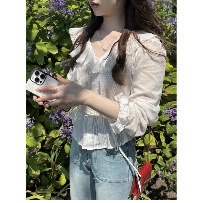 Floral and Lace/Cotton Embroidered Lace Ruffled V-Neck 2026 Spring Commute Gentle Shirt