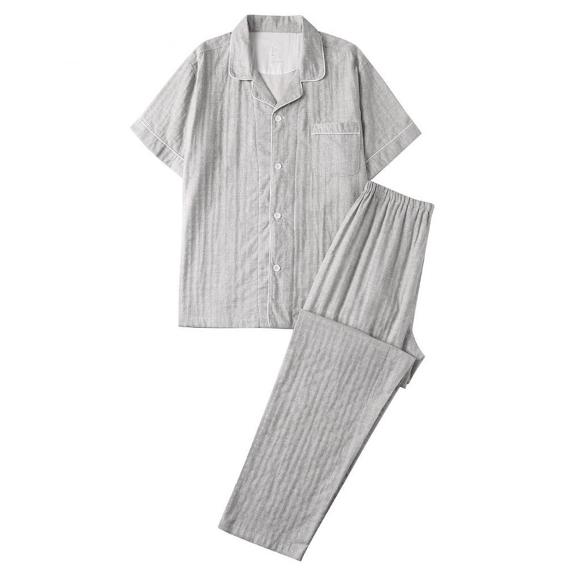 100% Cotton Class a Men's Pajamas, Double-Layer Gauze Short-Sleeved Long Pants, Pure Cotton Home Wear, Summer Shorts Set Without Side Seams