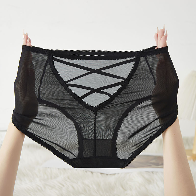 【 45-100kg 】Delicate and Soft Mesh Women's Underwear with Thin Straps, Cross-Cut Hollow Design, Sexy High-Elastic Mid-Waist Underwear