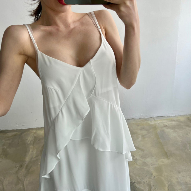 Ruffle stitching sling dress women Korean chic folds foreign style all-match drape irregular chiffon dress