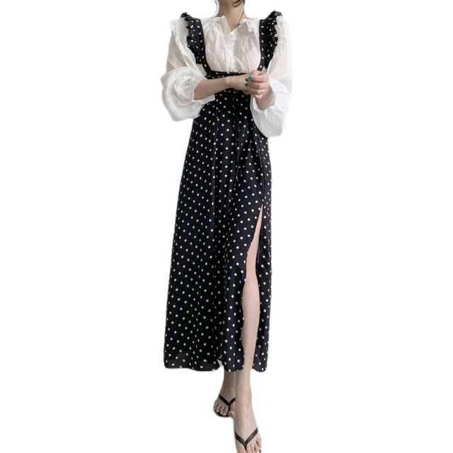 Polka-dot suspender dress female Korean retro wood ear side stitching mid-length slit tie waist chiffon dress