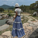 Lace stitching plaid skirt women Korean retro high waist slimming wood ear side A-line long skirt trendy