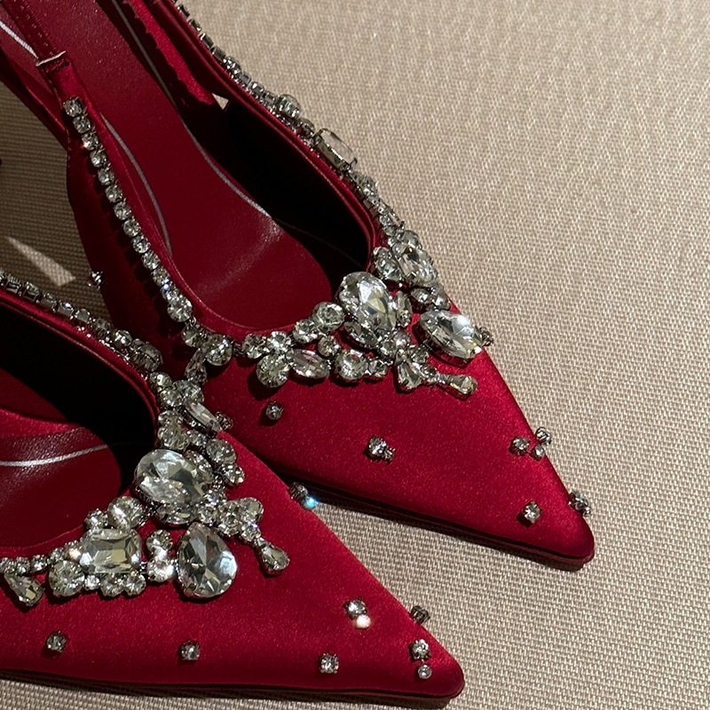 New Red Rhinestone Wedding Shoes for Women, Bridal Xiuhe High Heels, Stiletto Heels, Heavy-Duty Satin, One-Strap Backless Sandals for Women