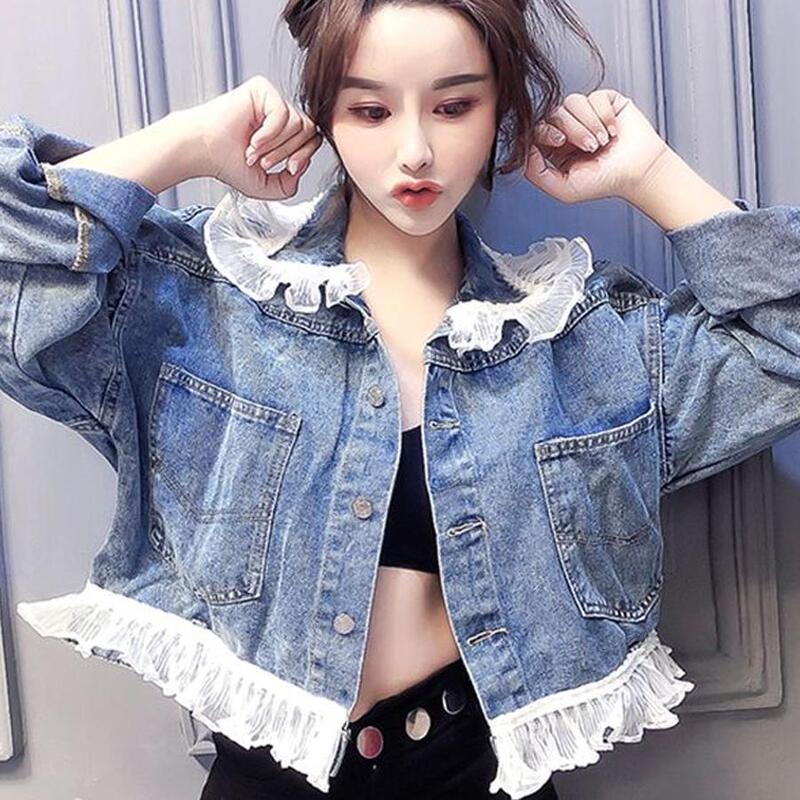 Women's Denim Jacket Spring New Style Lace Trim Patchwork Petite Denim Coat Korean Style Loose Top Jacket Trendy