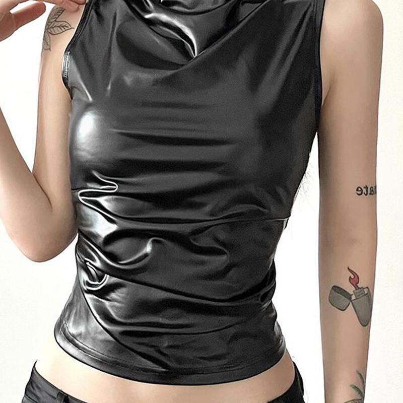 Punk Cool Girl Style Black Pu Leather Sleeveless Vest for Women, Stylish Streetwear with Ruched Slim Fit Top