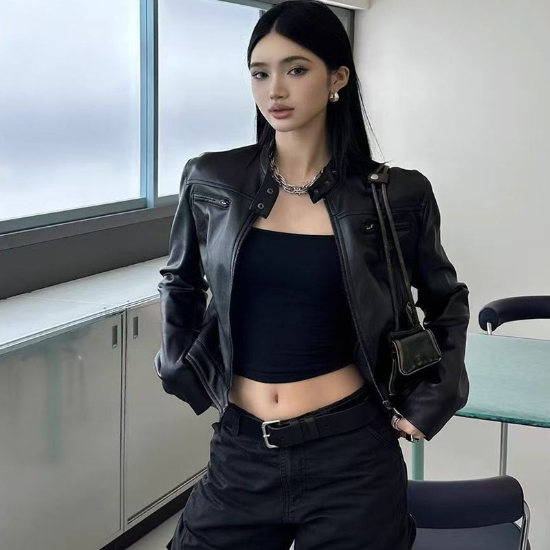 New Retro Style Super Stylish Stand-Up Collar Biker Pu Leather Jacket Spring Black Short Slim Fit Jacket Women's Clothing