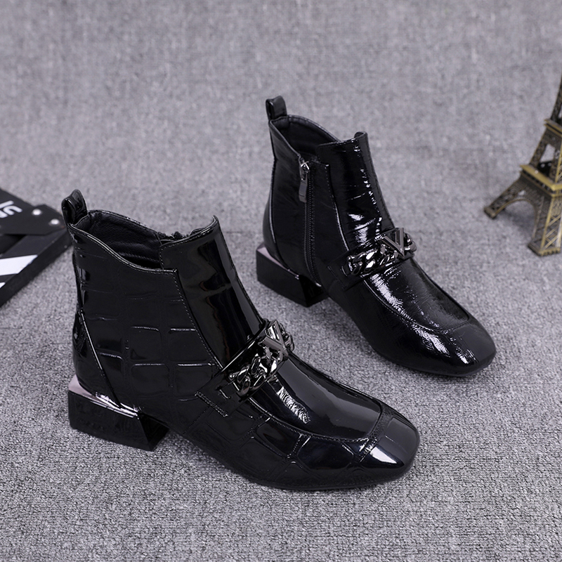 Broken Yard Clear Cabin No Back to paint Paint leather plus velvet Martin boots Inn wind side pull chain square head short boots thick heel nude boots