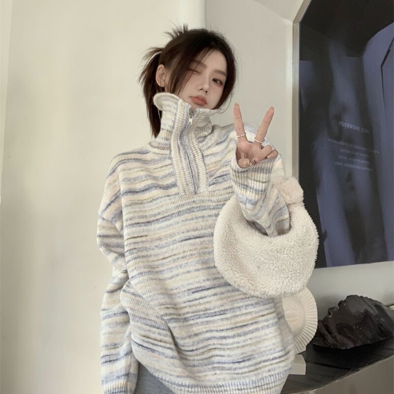 Designed with a Half-Zip High-Neck Striped Sweater for Women, Loose and Lazy Style Knitwear, Fashionable and Versatile Pullover for Autumn and Winter