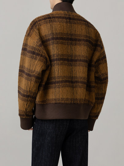 Retro Trendy Alpaca Blended Jacket Men's Stand Collar Handsome Loose Fashionable Autumn and Winter New Checkered Wool Jacket