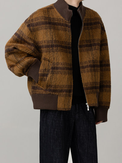 Retro Trendy Alpaca Blended Jacket Men's Stand Collar Handsome Loose Fashionable Autumn and Winter New Checkered Wool Jacket