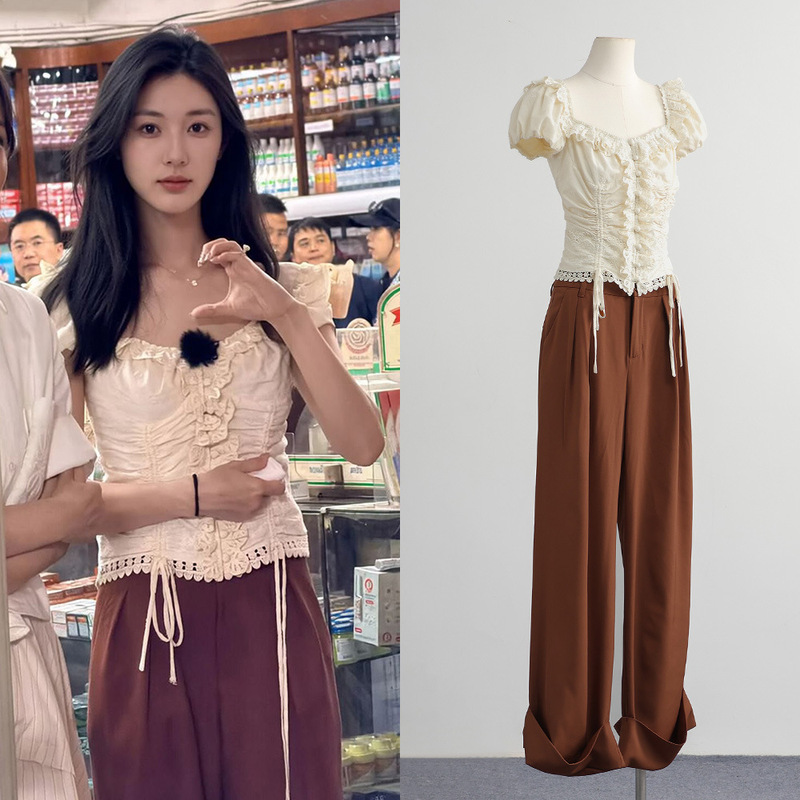 Kunling's Same Style Heavy-Duty Light Luxury Drawstring Pleated Ruffle Hollow-Out Slim-Fit Top + Pants Fashion Set for Women