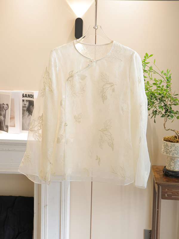 Meiyue Commune【Melodious】100% Pure Silk Mulberry Silk Round Neck Button-Up Lace Double-Layer Top Shirt