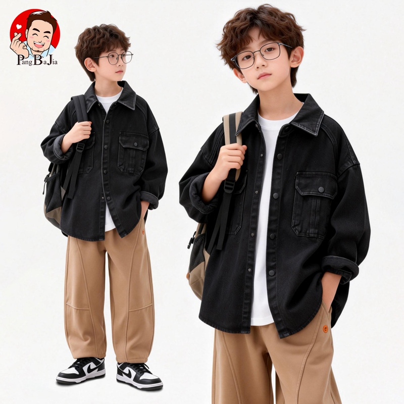 Boys' Denim Jacket Spring and Autumn Children's Clothing 2026 New Style for Older Boys Casual Black Jacket Top