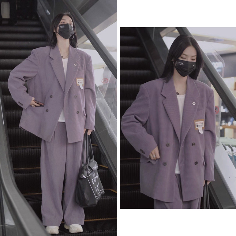 Zeng Kenui's Same Style Purple Corduroy Blazer for Women, Hong Kong Style, Unique Design, Niche Casual Suit Set