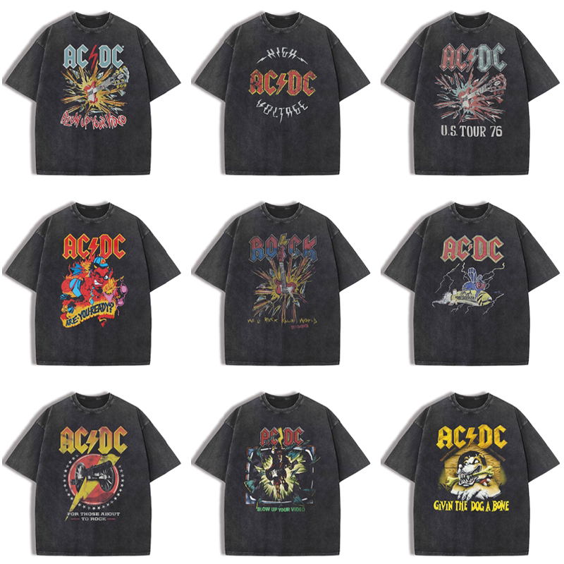 Ac/Dc Band Retro American Street Niche Vintage Unisex Loose Cotton Crew Neck Rock Short-Sleeve T-Shirt U