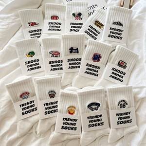 White Socks for Women, Mid-Calf Socks, Trendy Cartoon Embroidery, Couple Style, Men's Black Sports Long Socks, Versatile Korean Style