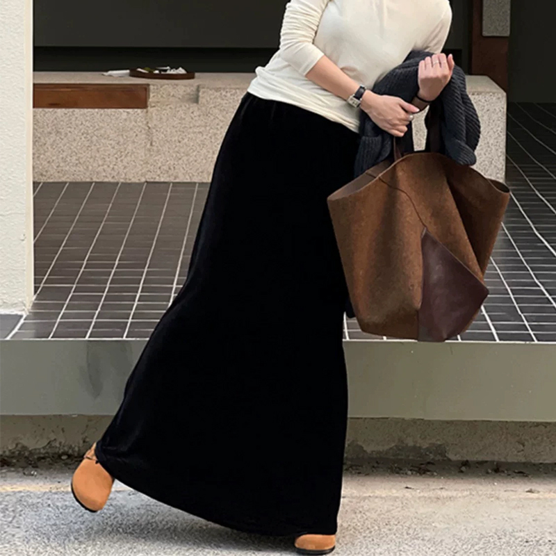 Velvet Midi Skirt for Tall Women, Elegant and Slimming, High-Waisted, Plus Size, Fleece-Lined, Black, Back Slit, Long Skirt for Women
