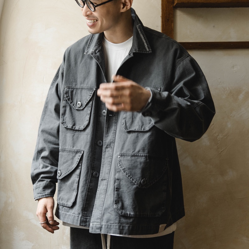 Backboneseven Beaded Sail Pattern Workwear Distressed Four-Pocket Jacket Washed Vintage Military Coat Japanese Style Backboneseven Beaded Sail Pattern Workwear Distressed Four-Pocket Jacket Washed Vintage Military Coat Japanese Style