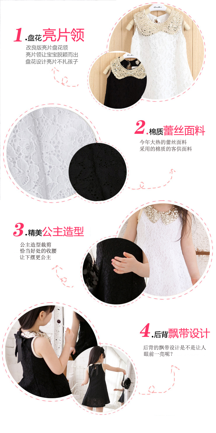 Bilibala Gaun Putri Anak Perempuan Warna Hitam/Warna Putih Renda Versi Korea (Putih renda)