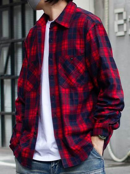 线下300+ 水洗棉 亲肤柔软 春秋男女格子休闲长袖衬衫衬衣外套