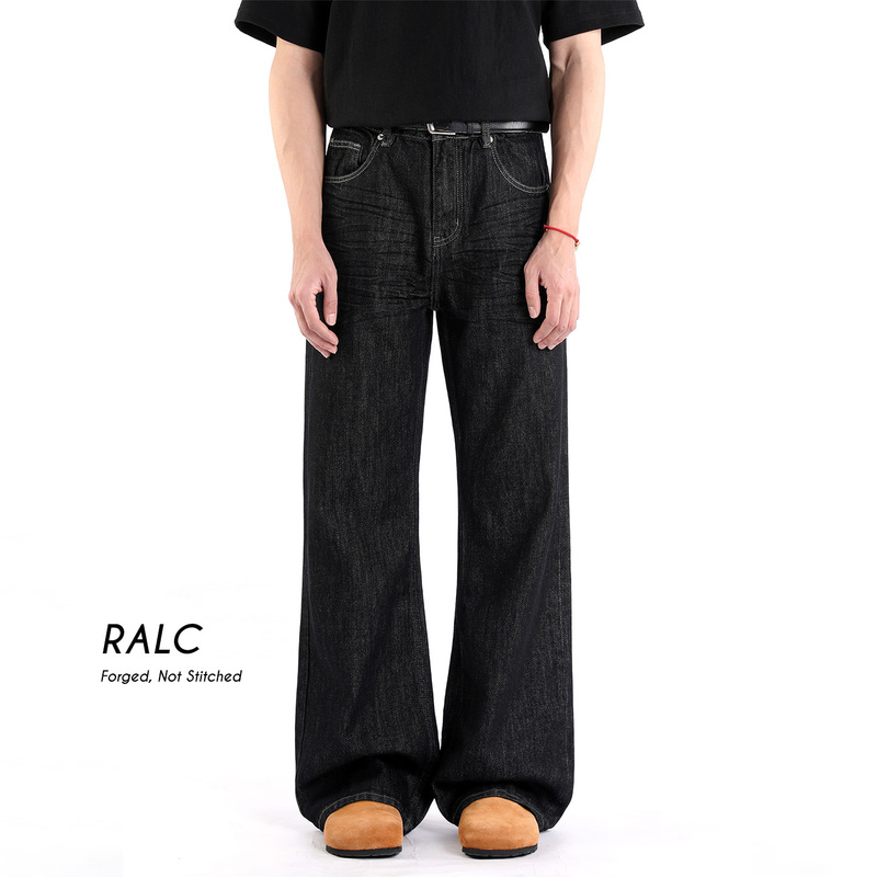 Ralc Vintage Raw Black Flared Jeans Unisex Irregular Pocket Loose Trendy Personality Long Pants
