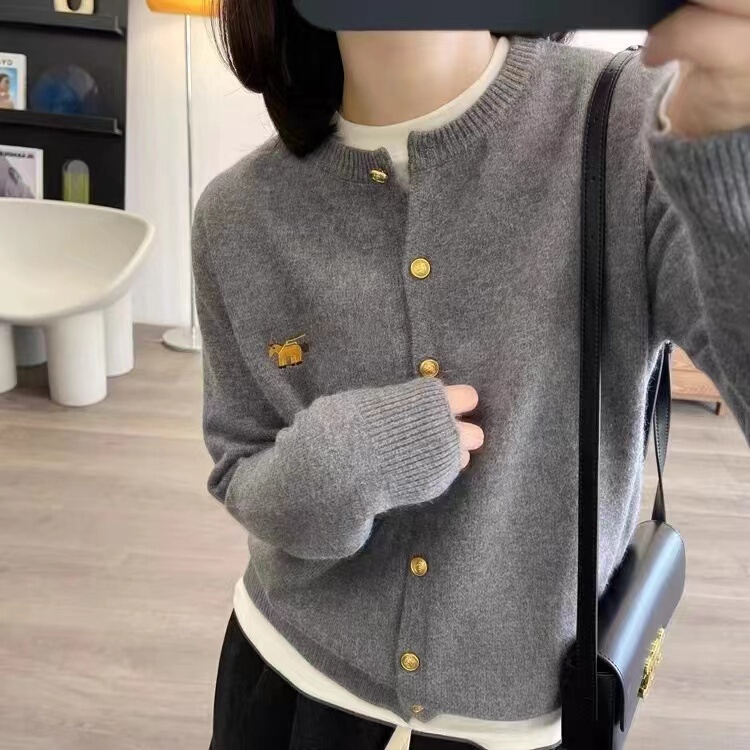 2026 Autumn/Winter New Cashmere Cardigan for Women, Round Neck, Embroidered, High-End, Soft and Fluffy, 100% Pure Wool Knitted Sweater Coat