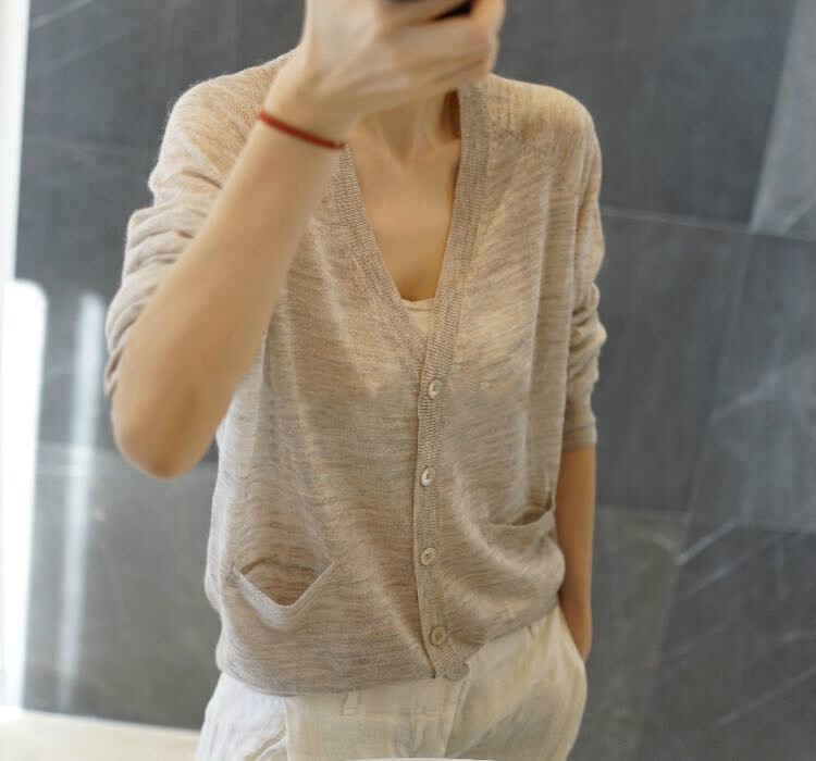 Spring and Summer New Thin V-Neck Wool Cardigan for Women, Loose and Casual Style with Pockets, Knitted Sweater Jacket, Loose Outerwear Spring and Summer New Thin V-Neck Wool Cardigan for Women, Loose and Casual Style with Pockets, Knitted Sweater Jacket, Loose Outerwear