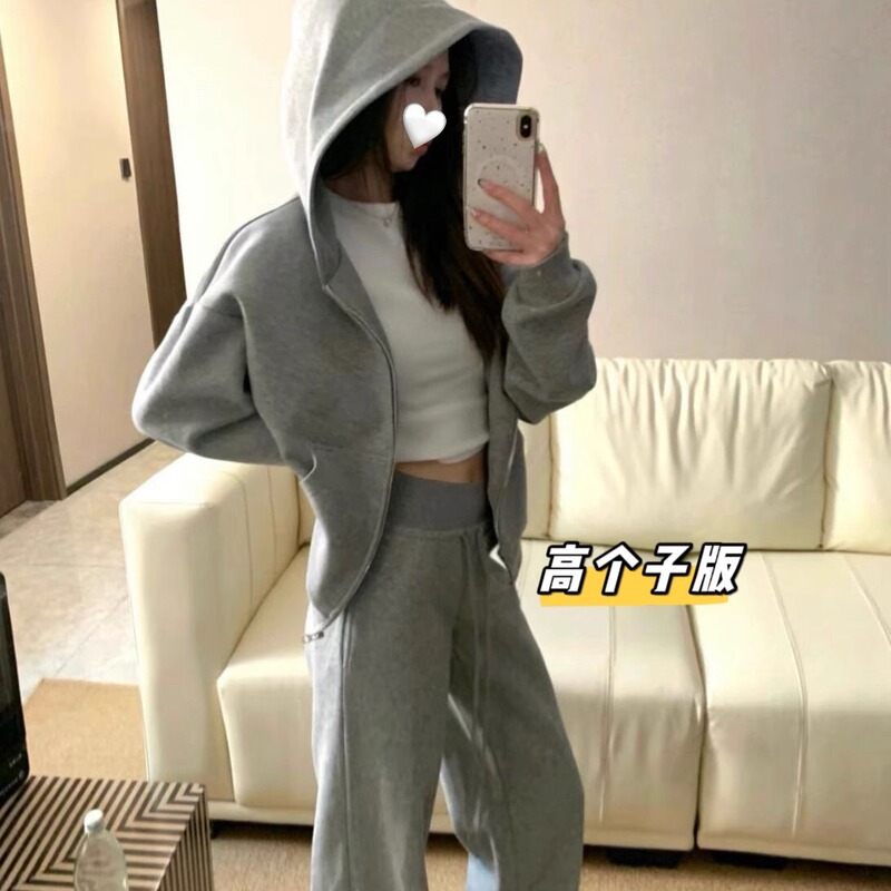 Monet Tall Gray Extended 175 Casual Sweatshirt Two-Piece Set for Women, Autumn Loose Wide-Leg Hooded Sports Suit