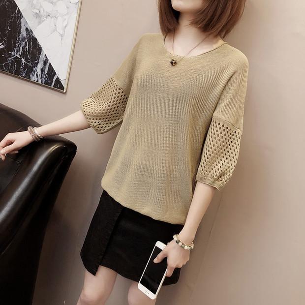 Xia áo len lụa tơ tằm tay áo mùa hè lỏng lẻo tay áo ngắn tay nửa ngắn tay áo năm điểm tay áo chạm đáy áo len gile