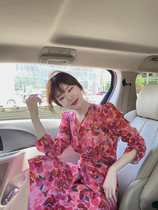 Vis Jin Xu teacher with pleated French retro floral dress female waist show thin small long skirt