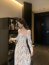 Vis gold bow French retro large square collar floral dress female summer waist slim sweet chiffon dress