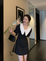 Vis gold French retro doll collar black dress female summer waist thin Hepburn bubble sleeve small black dress