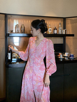 Vis gold pink chiffon French retro floral dress women autumn and winter gentle wind temperament thin long skirt