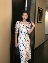 Vis gold French vintage V-neck printed dress 2021 new summer waist thin temperament bubble sleeve skirt