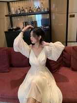 Vis gold v collar French retro gentle style dress female temperament waist thin bubble sleeve chiffon A- line dress