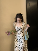 Vis Gold White polka point French retro dress women 2020 Summer big square collar waist slim a long skirt