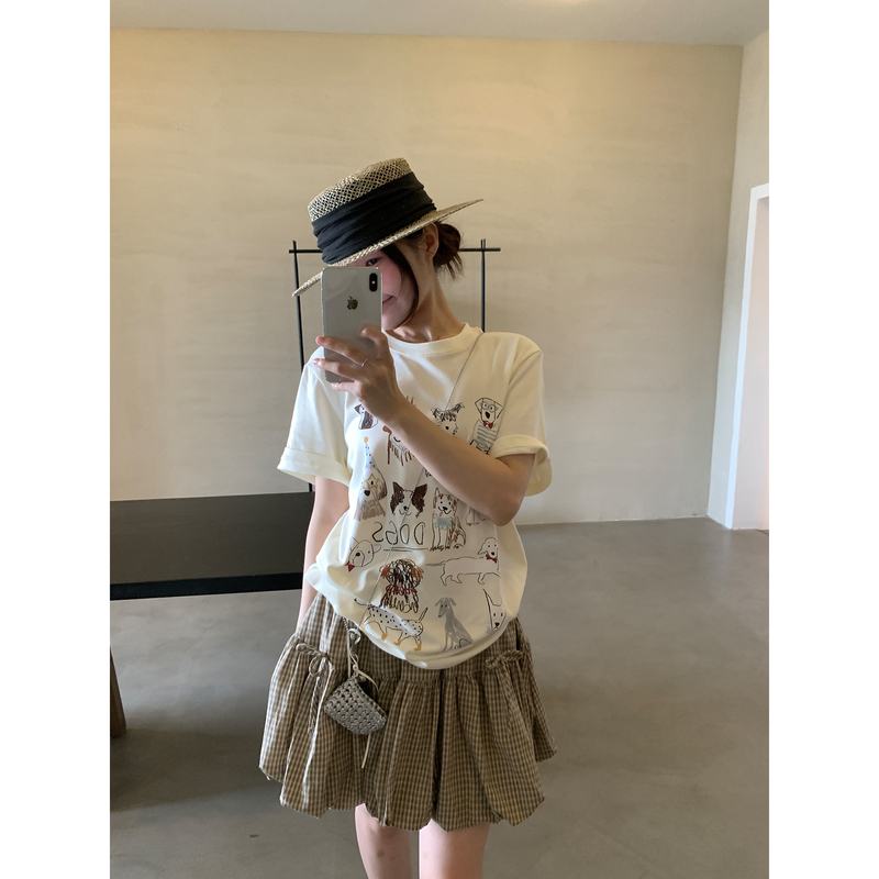 Lento Puppy Short-Sleeved T-Shirt for Women 2026 New Summer Korean Style Cartoon Print Design Loose Top for Petite People