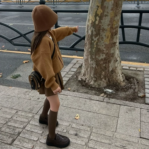 Осенний трикотажный комплект, кардиган, свитер, куртка, юбка в складку, детская одежда, в западном стиле, плиссированная юбка