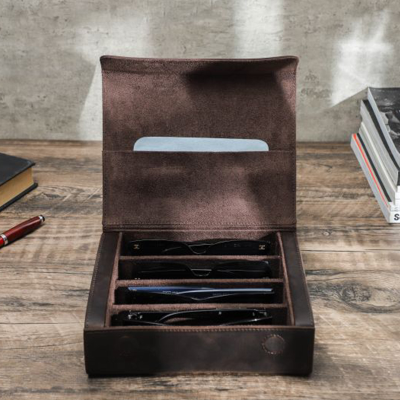 Genuine Leather Glasses Storage Box, Multi-Compartment Sunglasses Case, Cowhide Leather, Large Capacity Drawer, Portable, Anti-Pressure, High-End Four-Compartment Box Genuine Leather Glasses Storage Box, Multi-Compartment Sunglasses Case, Cowhide Leather, Large Capacity Drawer, Portable, Anti-Pressure, High-End Four-Compartment Box
