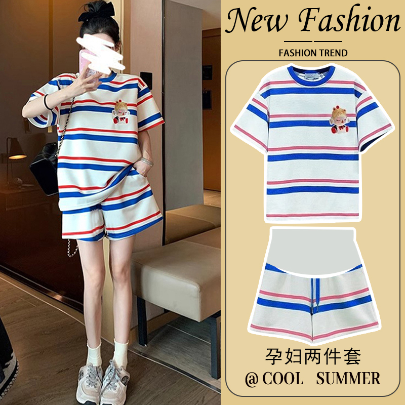 Maternity Wear Summer Two-Piece Set Colorful Striped Casual Sports Suit 2026 New Large Size Loose Summer Outfit for Going Out